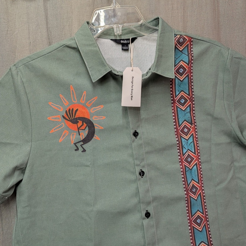 Ouku Mens Sage Green Kokopelli Southwestern Graphic Button Down Shirt Large NWT